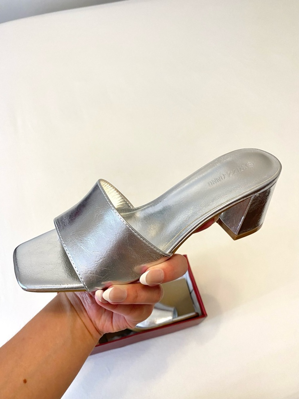 Silver Block-Heel Slide Sandals - Women's